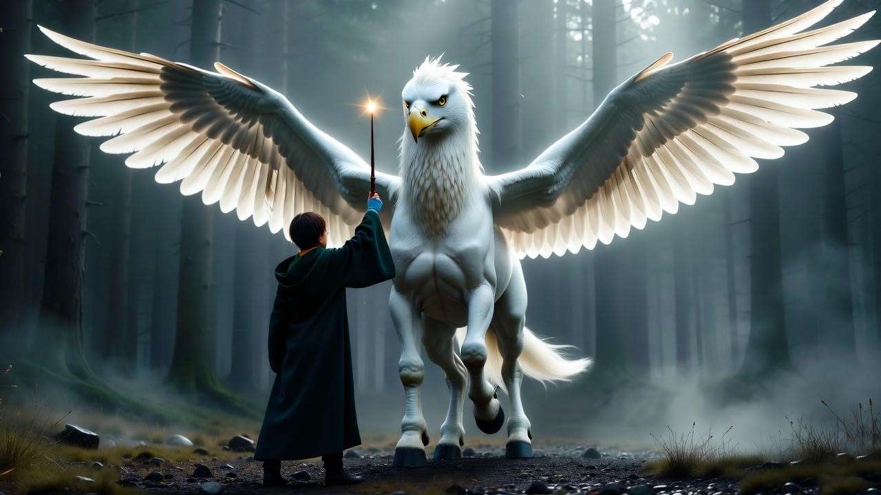 Wizard casting a glowing **hippogriff Patronus** in a misty forest, capturing the protective magic of the Harry Potter universe. 