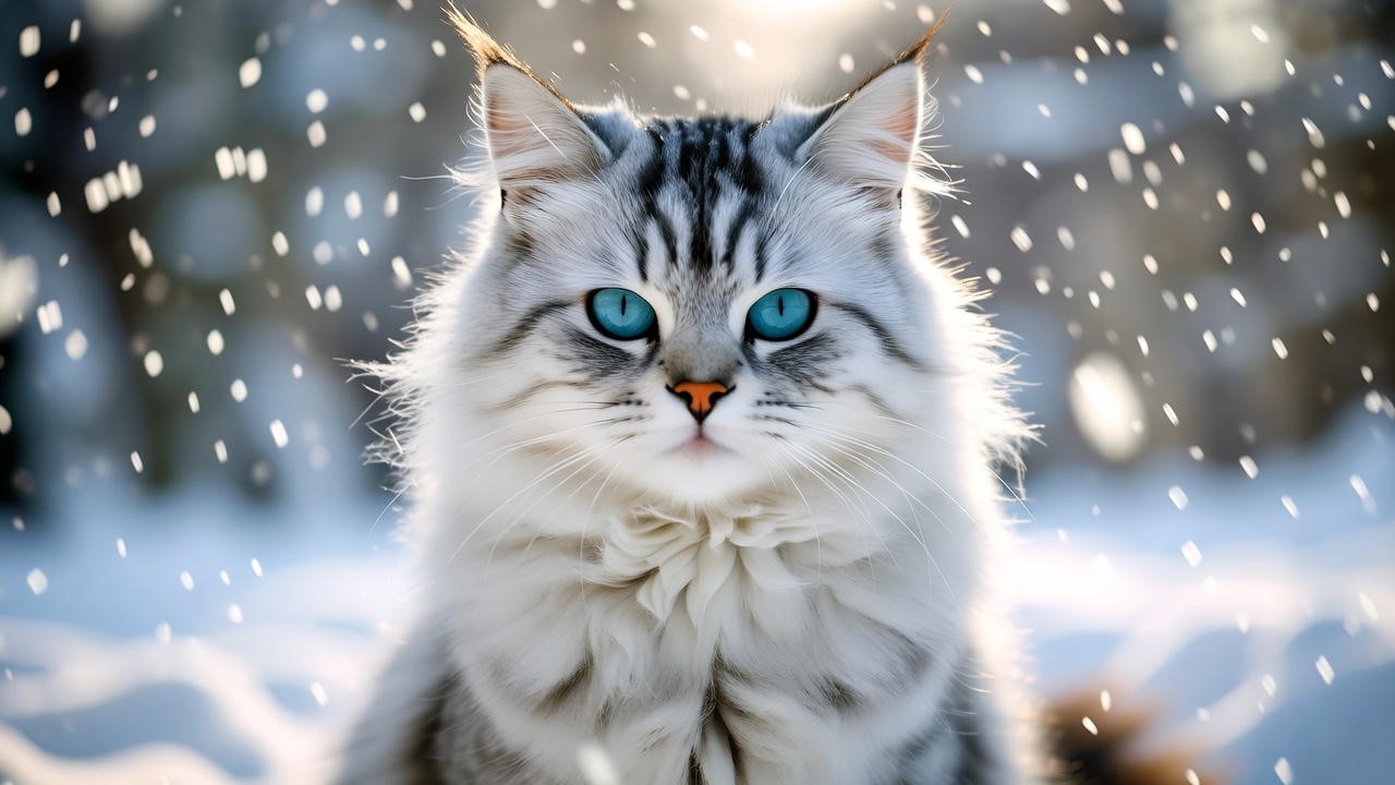 Realistic Siberian cat with blue eyes in a snowy Russian landscape, Harry Potter Patronus symbol