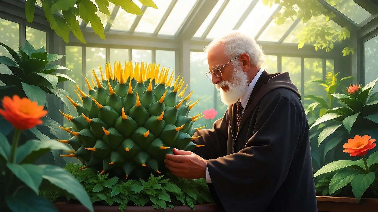 Neville Longbottom as Herbology professor in Hogwarts greenhouse with magical plants
