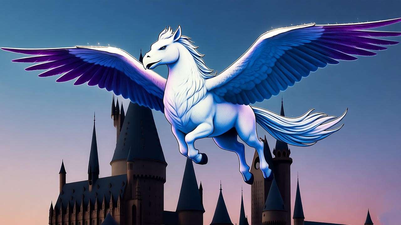 Fan art-style **hippogriff Patronus** soaring over Hogwarts Castle at dusk, showcasing vibrant Harry Potter fandom creativity. 