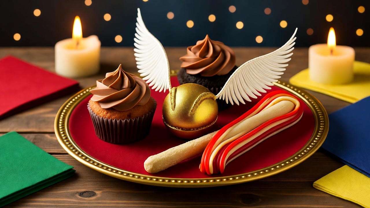 Harry Potter* cream tea desserts including Cauldron Cakes, Golden Snitch macarons, and Licorice Wands on a magical platter.