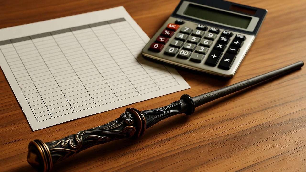 Budgeting chart and calculator with Harry Potter wand on desk