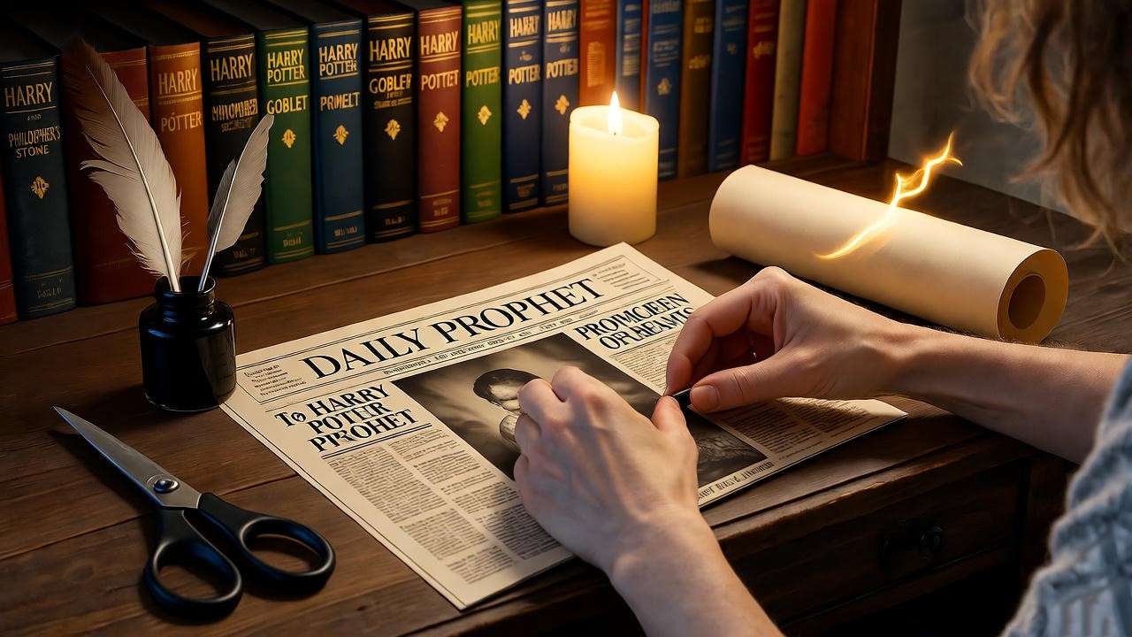 Cozy scene of fan crafting a glowing Daily Prophet replica with magical tools