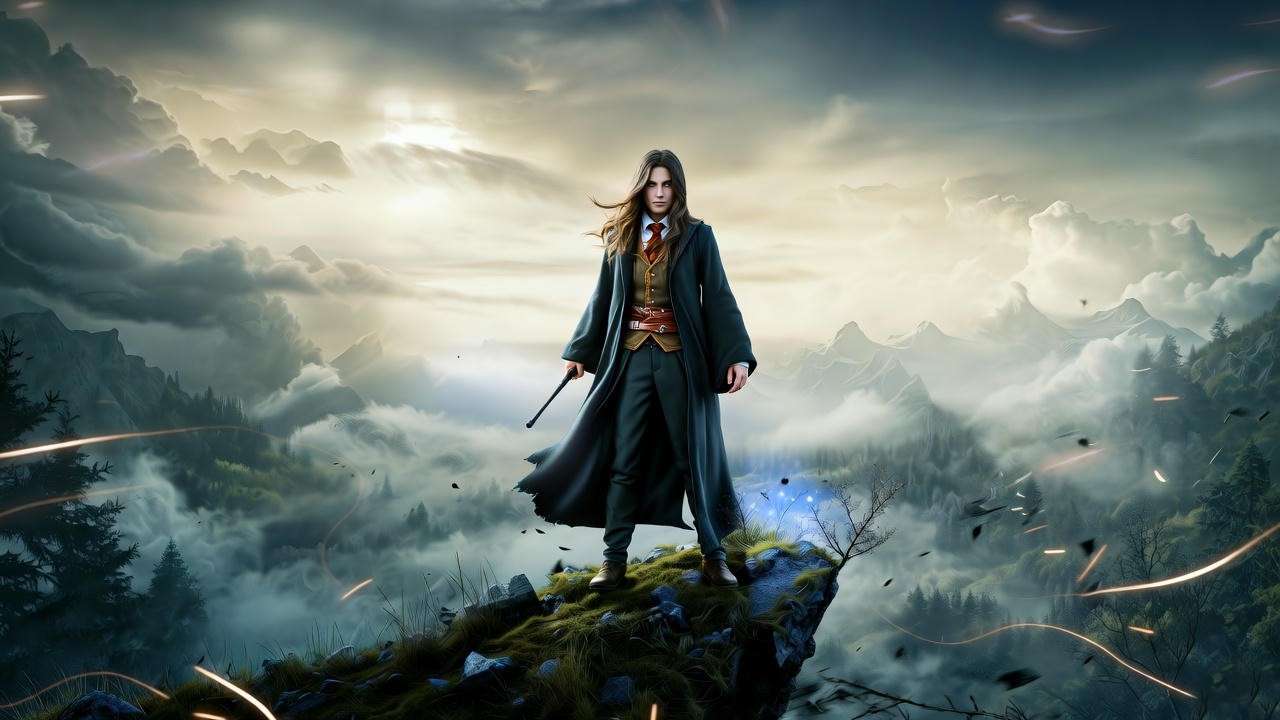 Brave Ministry official with wand raised on a hill, symbolizing Bob Ogden’s courage in the Harry Potter Wizarding World.