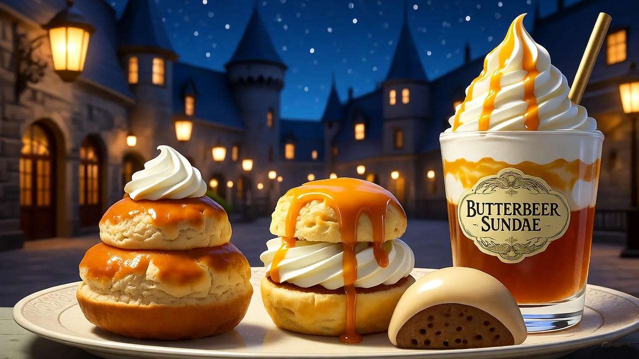 Magical theme park table with Butterbeer cream puff, scone, mochi, and sundae, set in a Universal Studios courtyard at night.