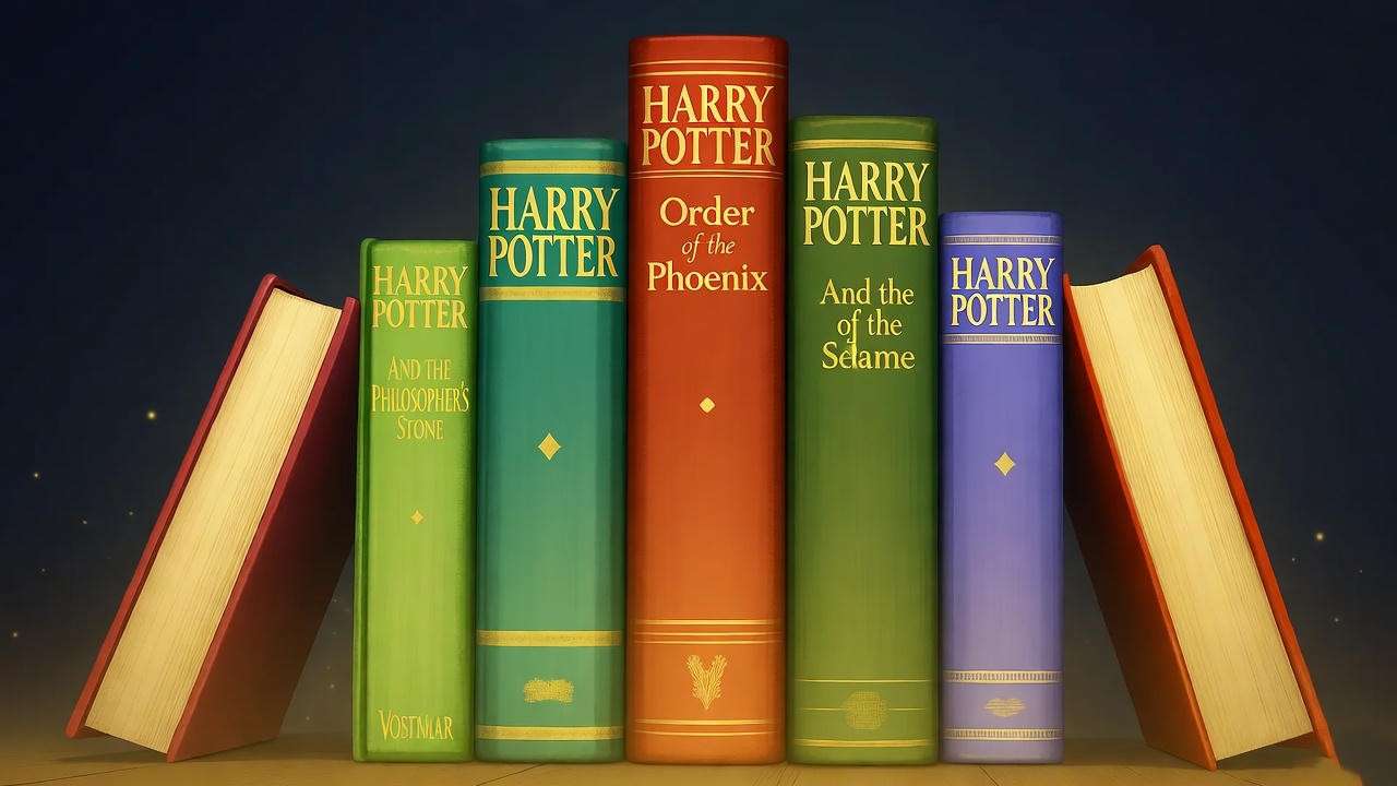 Comparative illustration of Harry Potter book lengths, highlighting Order of the Phoenix as the longest in a magical library.