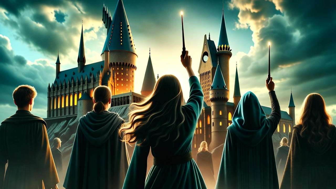 Illustration of Order of the Phoenix and Dumbledore’s Army united in resistance against oppression at Hogwarts.