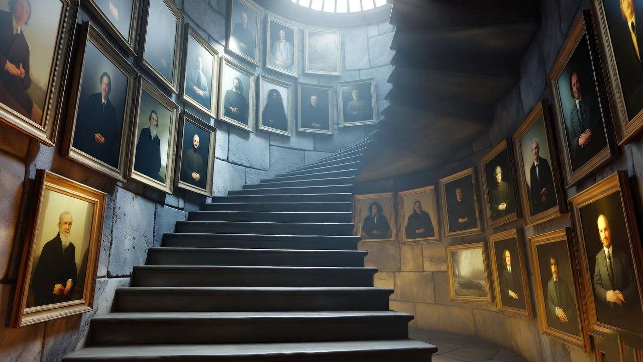 Moving staircase in Hogwarts Castle with magical portraits, a must-see for Harry Potter fans.