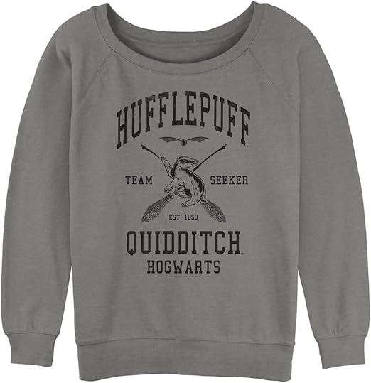 Harry Potter Women's Deathly Hallows Hufflepuff Quidditch Seeker Invert Junior's Raglan Pullover with Coverstitch 