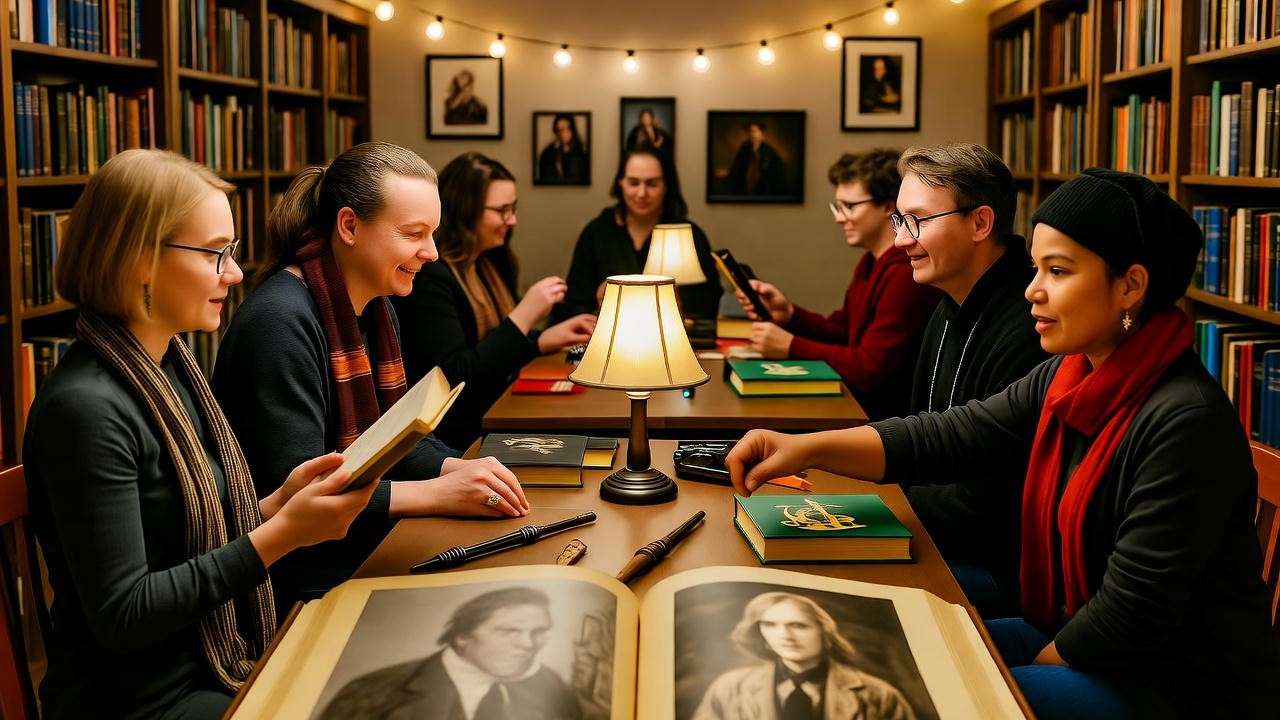Harry Potter fans in a library with magical memorabilia and a book featuring Bob Ogden, highlighting his fan appeal.