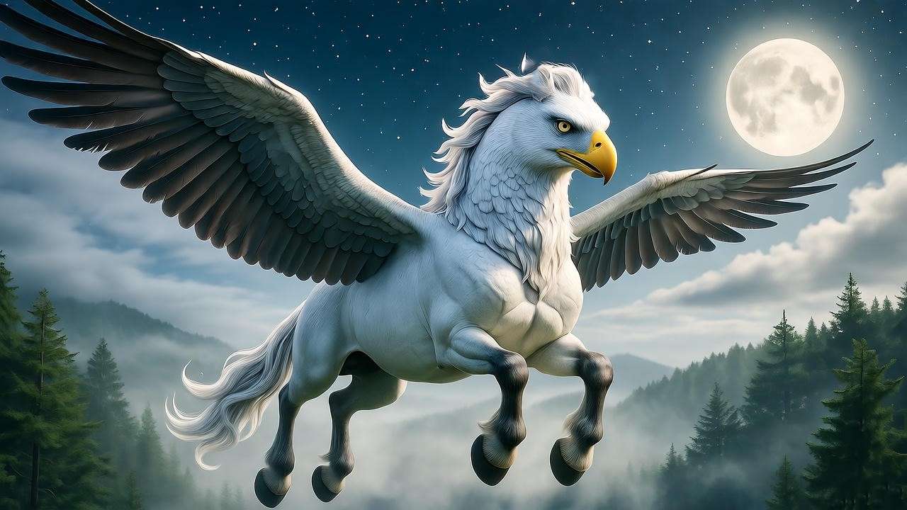 Majestic hippogriff Patronus soaring over a moonlit forest, showcasing its eagle wings and equine strength in a magical Harry Potter scene.