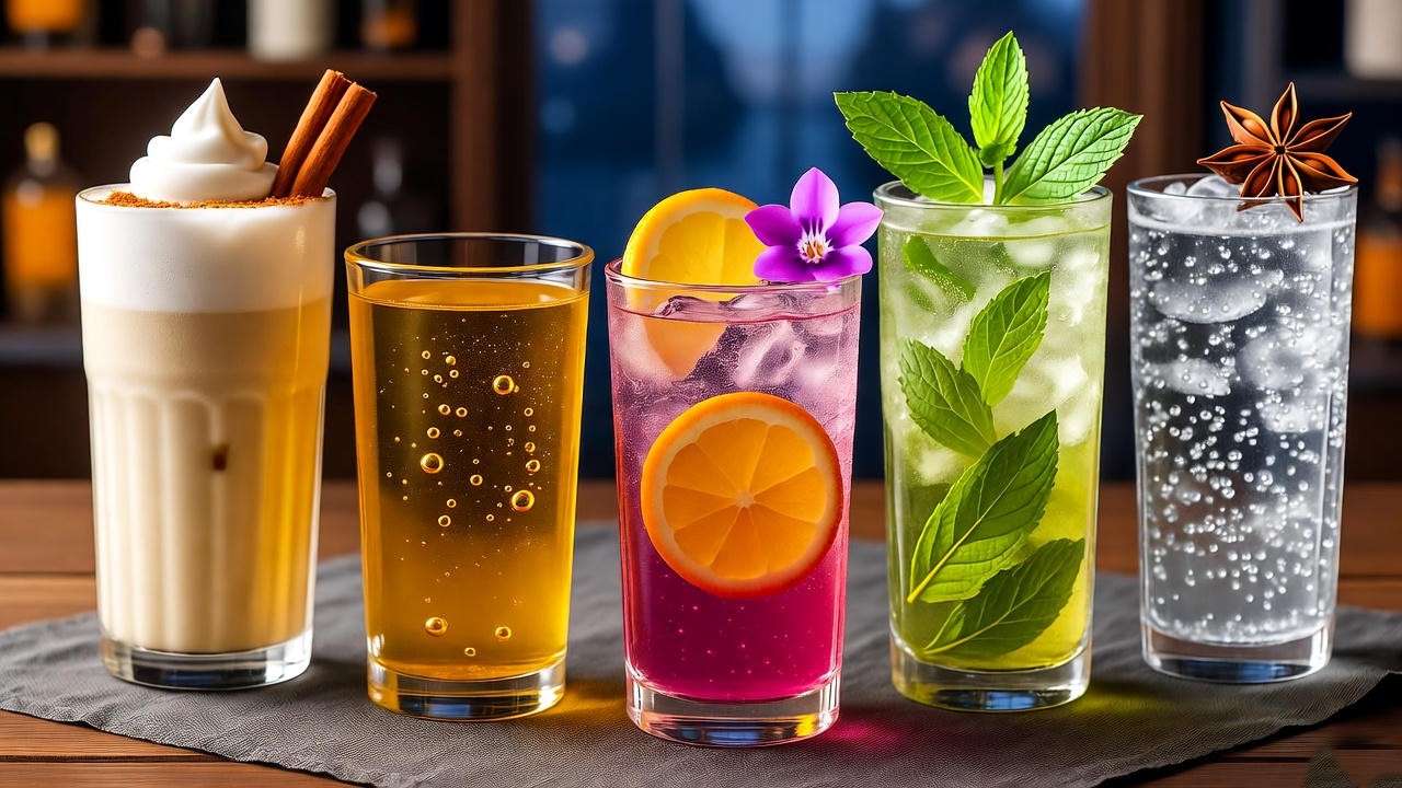 Festive display of Harry Potter non alcoholic drinks like Butterbeer and Polyjuice Potion with magical garnishes.