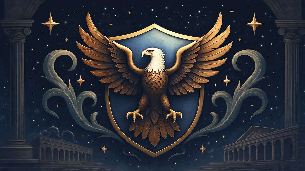 Elegant eagle emblem on Ravenclaw crest shield with blue and bronze tones against a starry night sky.