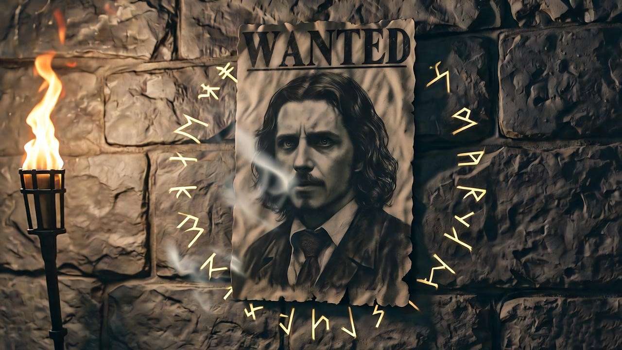 Eerie Wizarding World wall with Sirius Black wanted poster in dim torchlight