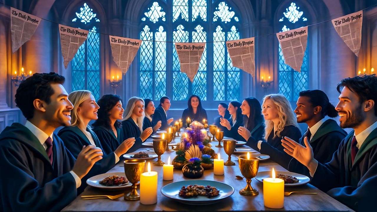 Festive Harry Potter party with Daily Prophet banners and floating candles