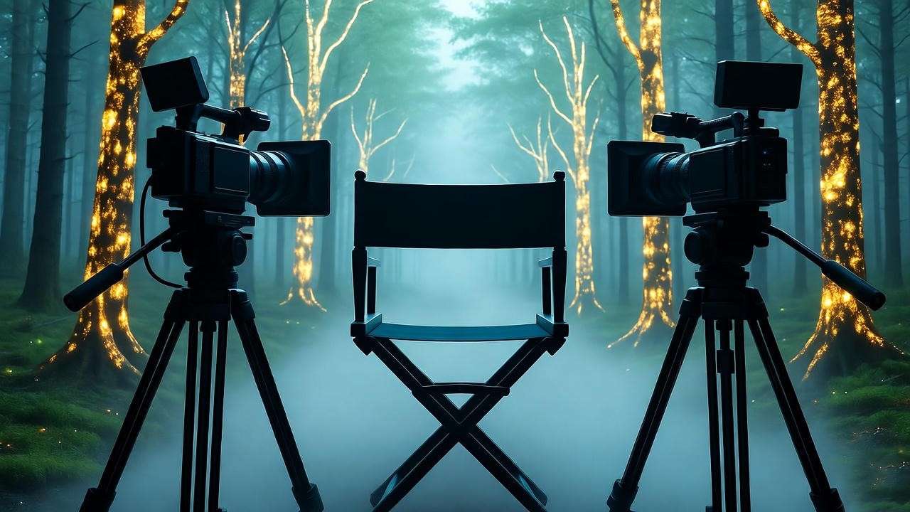 Modern TV production set with magical forest backdrop for Harry Potter series.