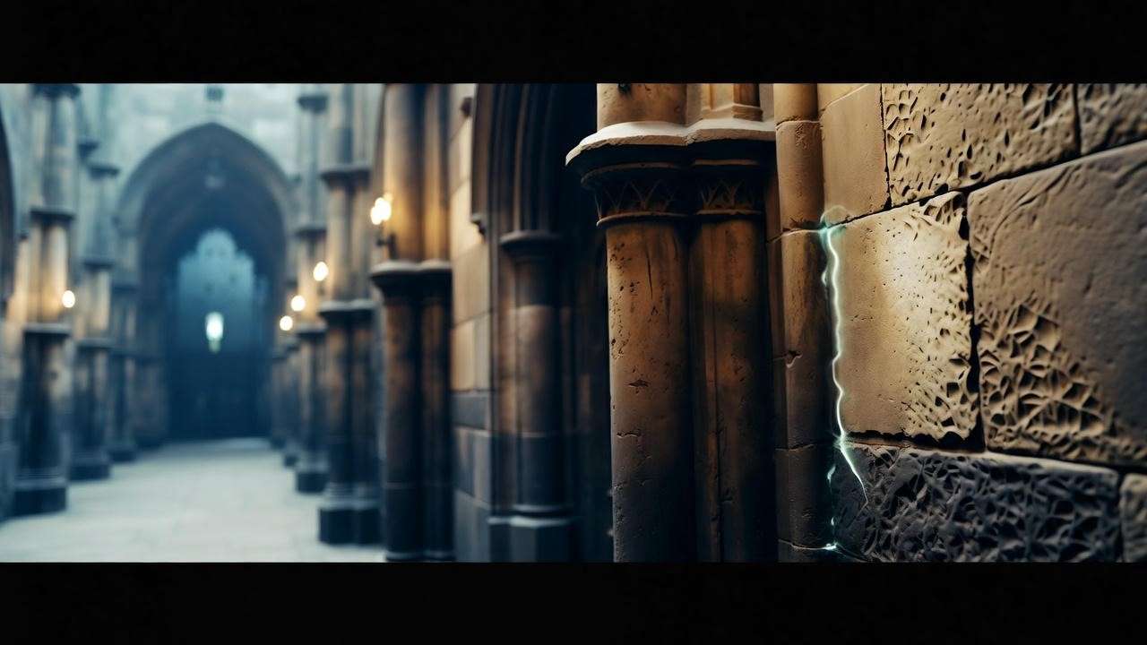 Dimly lit Hogwarts corridor with Vanishing Cabinet wall aura