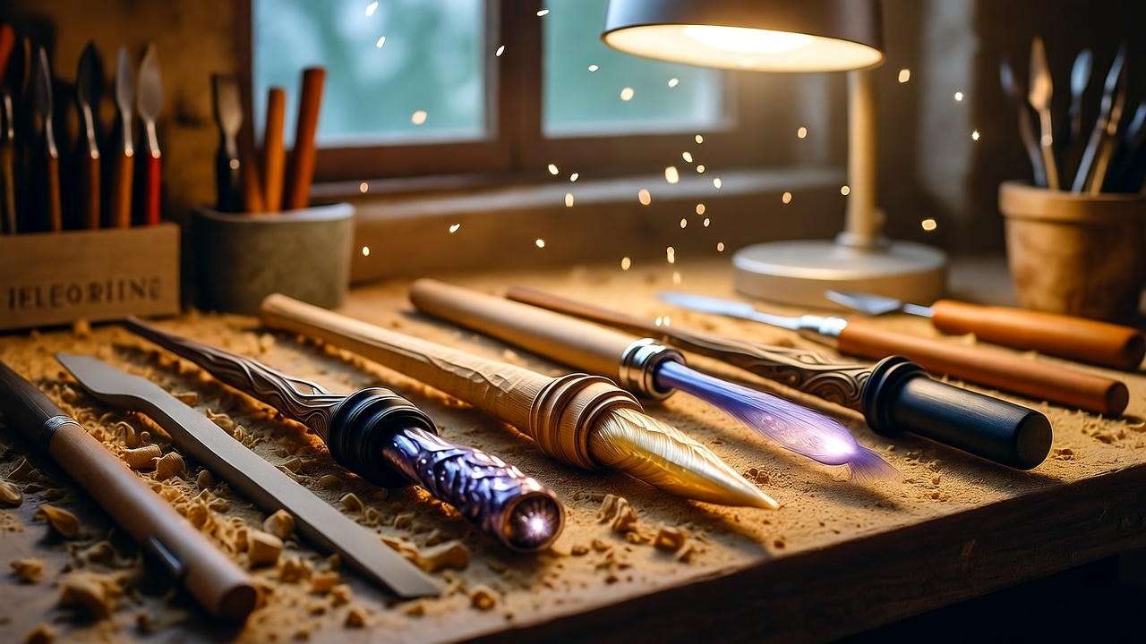Wand-making workbench at Zauberstab Werkstatt in Munich, Germany with magical cores
