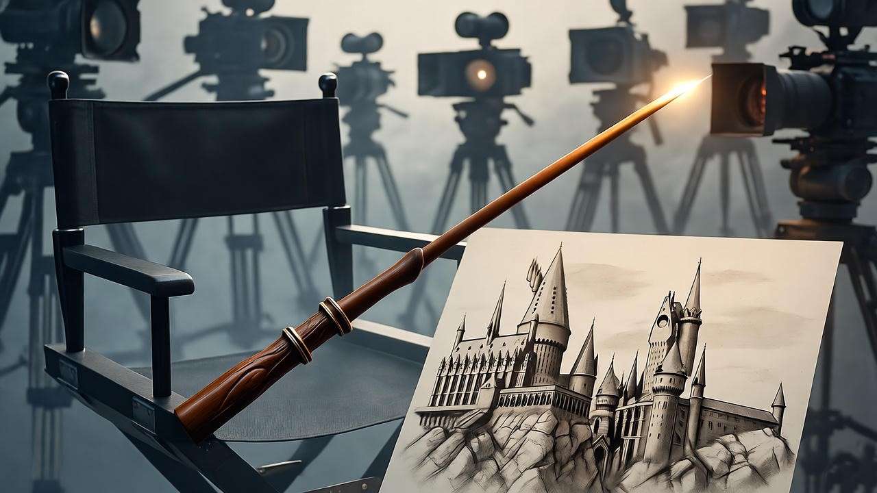 Behind-the-scenes film set with wand, storyboard of Hogwarts, and misty atmosphere.