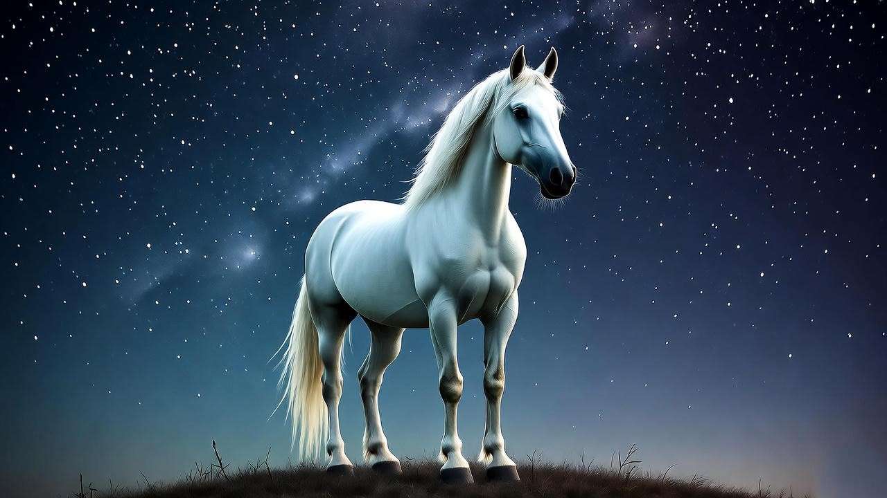 Serene white stallion under starry sky with magical aura symbolizing strength and purity