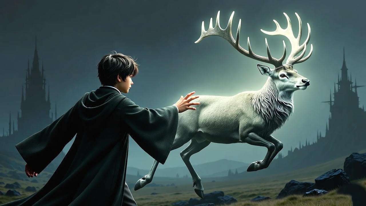Young wizard casting silver Patronus stag in foggy landscape, Harry Potter scene