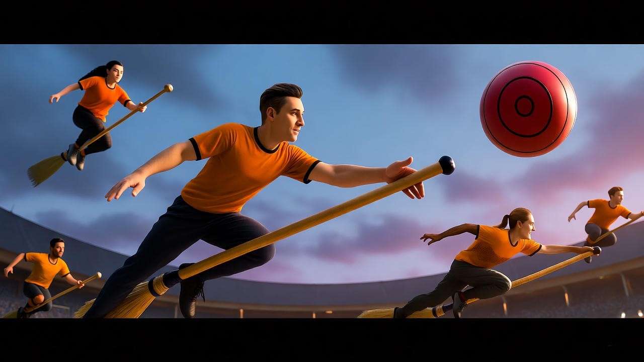 Quidditch match scene with Chudley Cannons players on broomsticks and Quaffle, set during twilight.