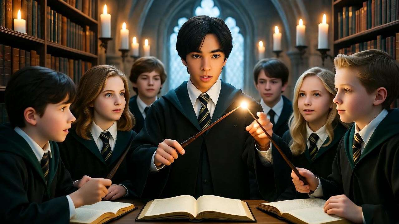 Young wizards practicing spells under Coach Harry Potter's leadership in a Hogwarts classroom.