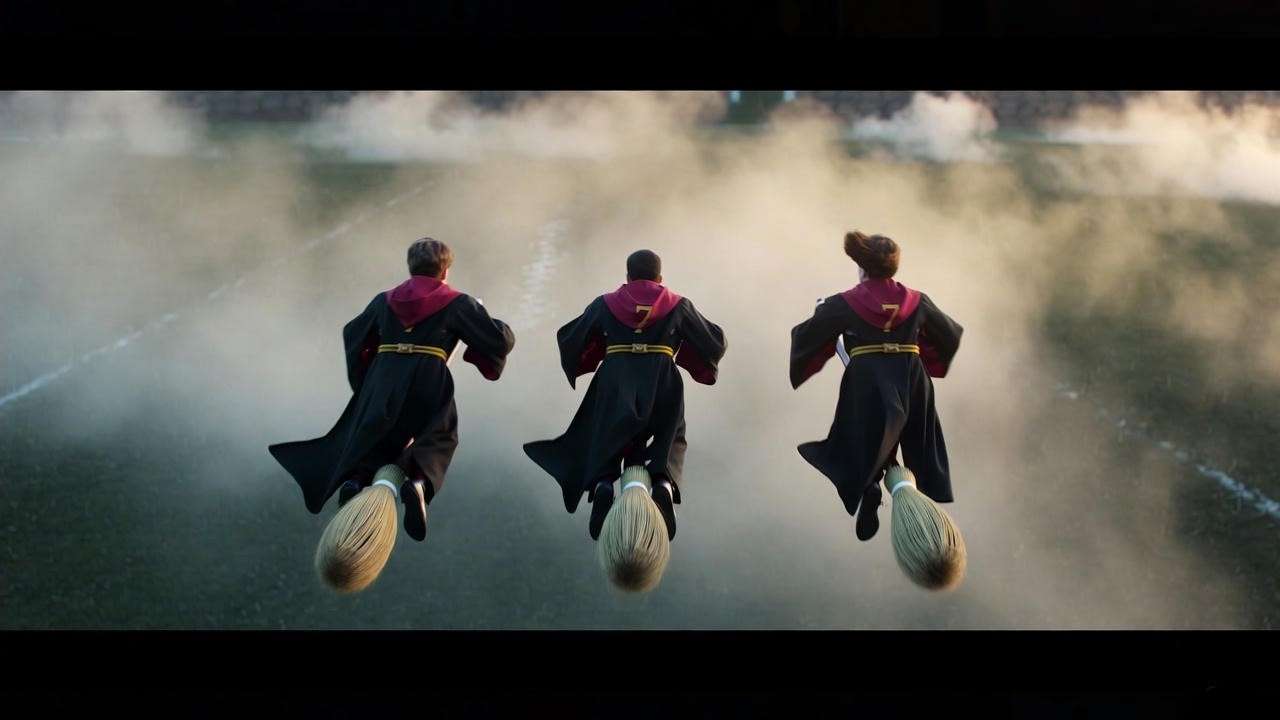 Aerial view of Quidditch Chasers in Hawkshead Attack Formation V-shape, Gryffindor robes, misty Hogwarts pitch.