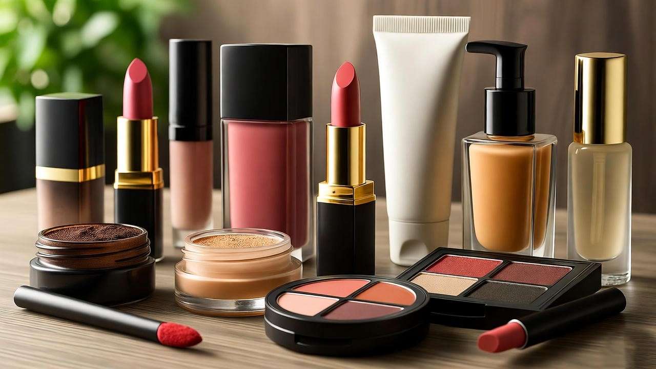 Close-up of clean cruelty-free cosmetics on a makeup table with natural background