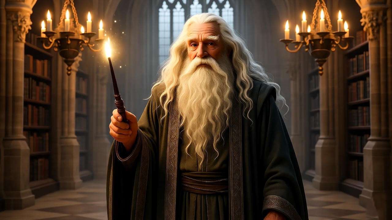 Elderly wizard with glowing wand in Hogwarts hall, fantasy book scene