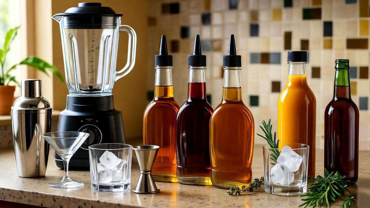 Kitchen counter with ingredients and tools for making Harry Potter non alcoholic drinks like Butterbeer.