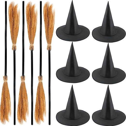 6 Set Halloween Witch Brooms and 6 Pcs Witch Hats Halloween Witch Broomstick and Wizard Hat for Halloweens Witchs Costume Accessories
