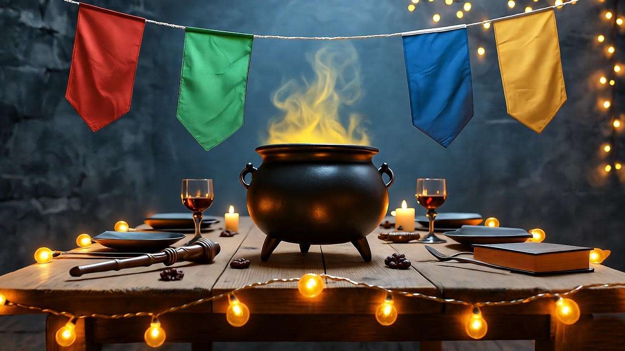 Hogwarts-themed party setup with cauldron and house banners, 16:9 ratio