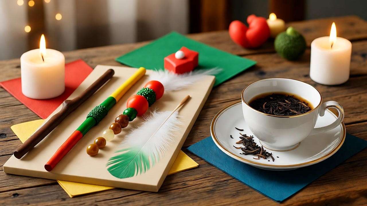 Harry Potter* cream tea party activity with DIY wand-making and tea leaf reading setup.