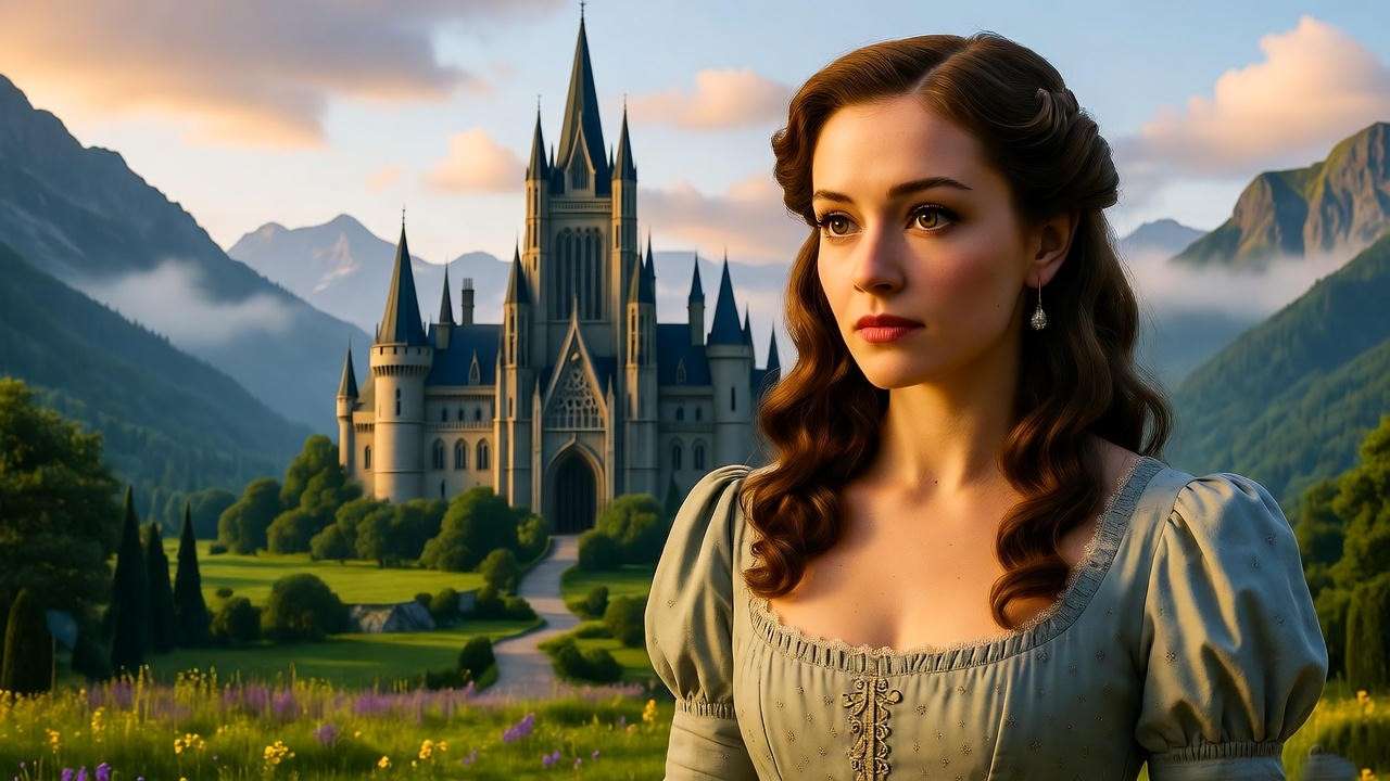 British actress Emily Mortimer in a fantasy setting with Hogwarts-like castle in the background.