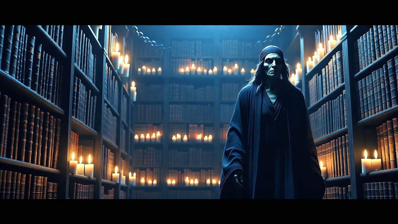 Illustration of Madam Pince patrolling the Hogwarts Library at night, highlighting her vigilant role as the Harry Potter librarian Pince