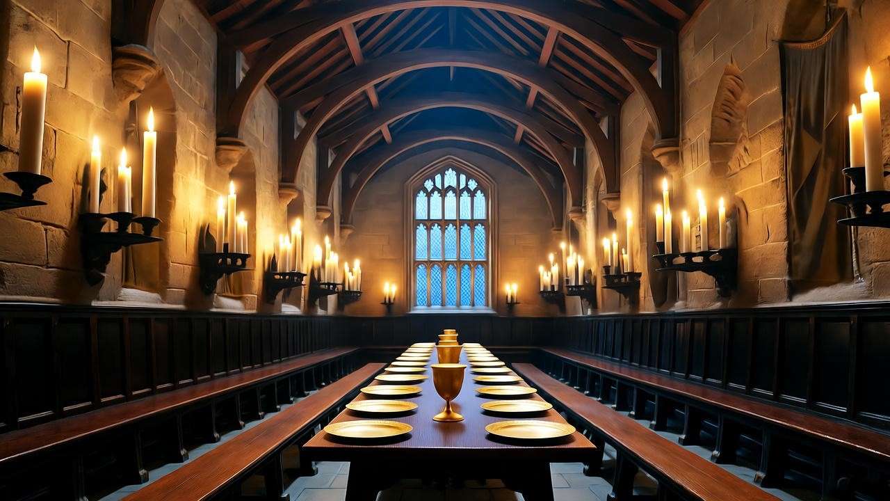 Grand interior of Hogwarts Castle hall with vaulted ceiling and long table, ideal for Harry Potter enthusiasts.