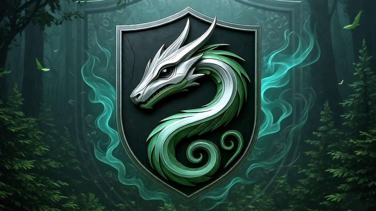 Sleek serpent emblem on Slytherin crest shield with green and silver details against a mystical forest backdrop.