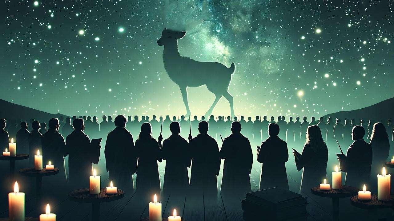 Magical fan gathering with doe Patronus symbolizing Severus name meaning in Harry Potter.