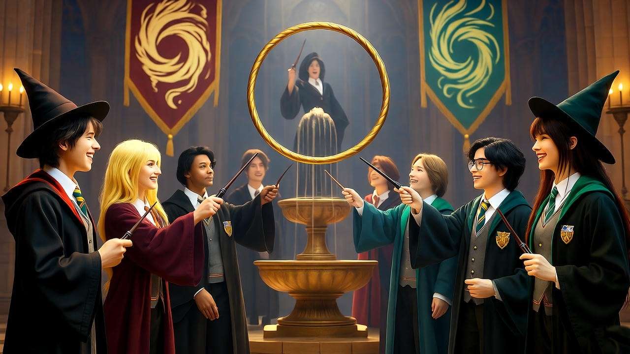 Vibrant Comic Con scene with Harry Potter cosplayers and Quidditch hoop symbolizing Harry Potter Comic Con events.