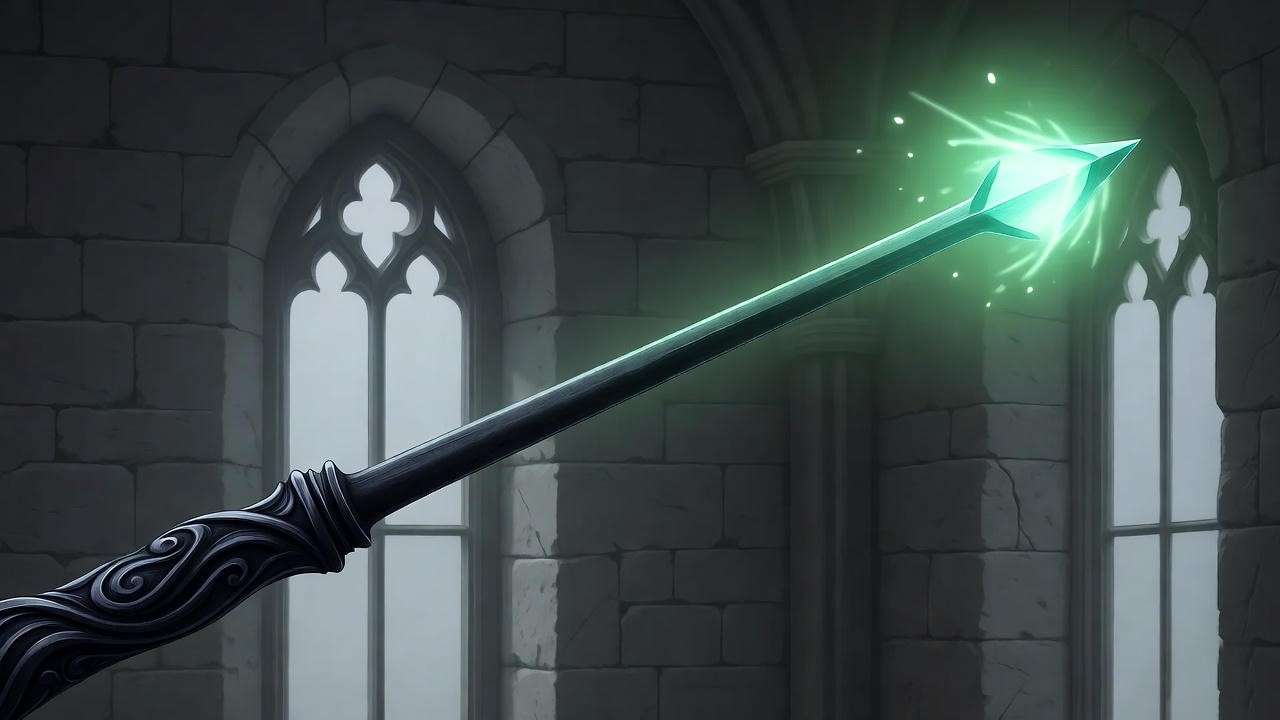 Dark wand casting green spell in Ravenclaw Tower, Alecto Carrow, Harry Potter.