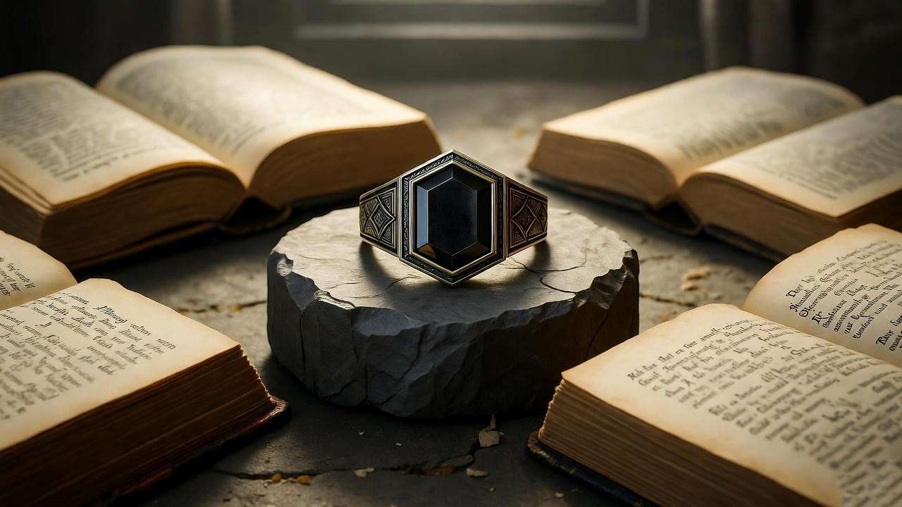 Magical Gaunt ring heirloom with spellbooks, Harry Potter witch family.