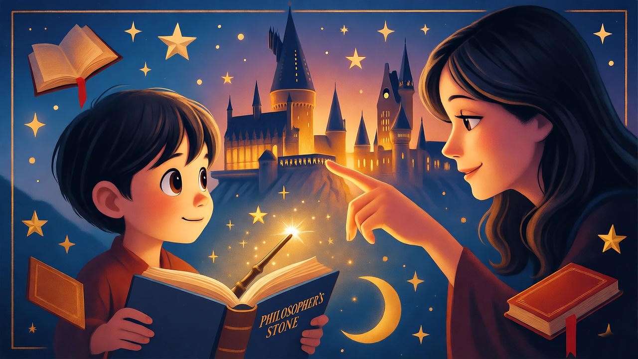 Illustration of a child and parent reading Harry Potter with Hogwarts castle in the background