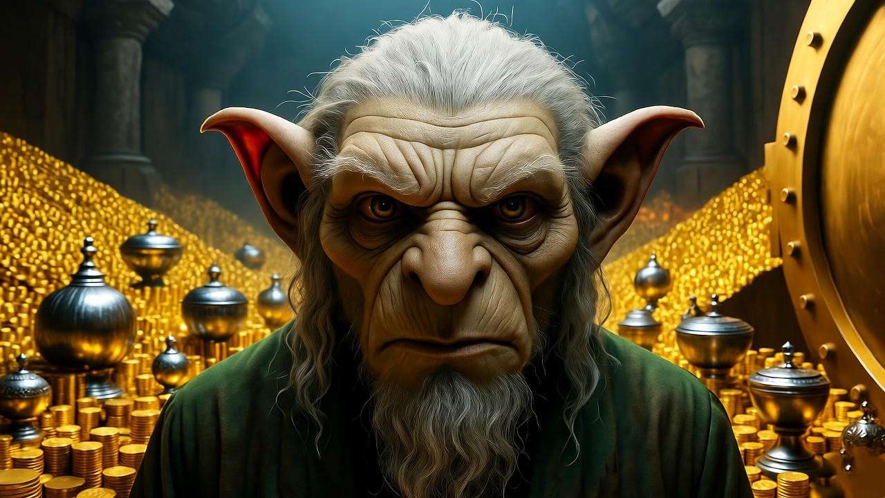 Gringotts goblin standing in a vault surrounded by gold coins, representing their role as bankers in the Harry Potter universe.