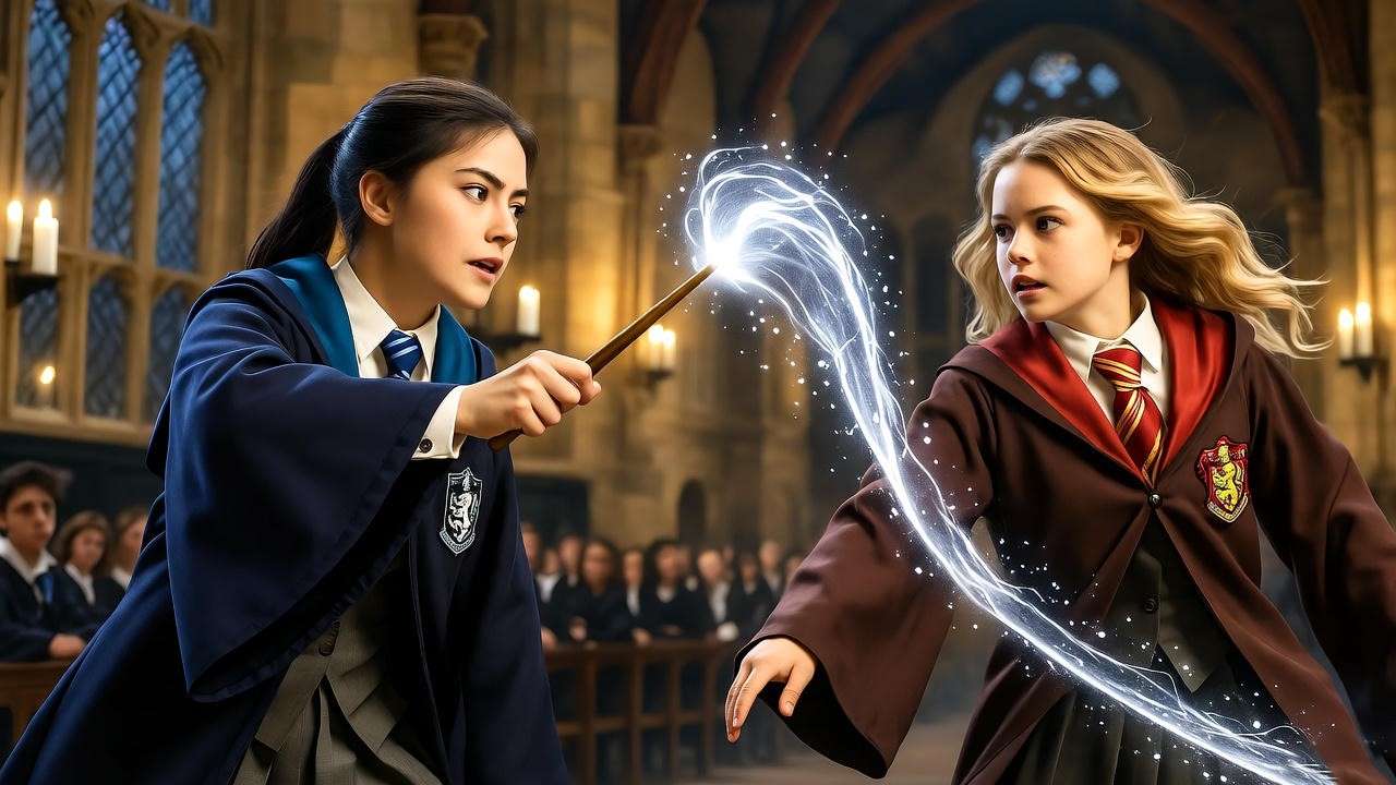 Ravenclaw witch casting Impediment Jinx in a Hogwarts dueling scene, slowing a Gryffindor opponent in the Great Hall.
