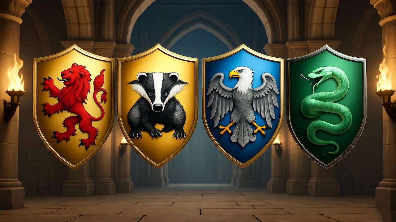 Magical scene of four Hogwarts crest shields with lion, badger, eagle, and serpent above a grand hall.