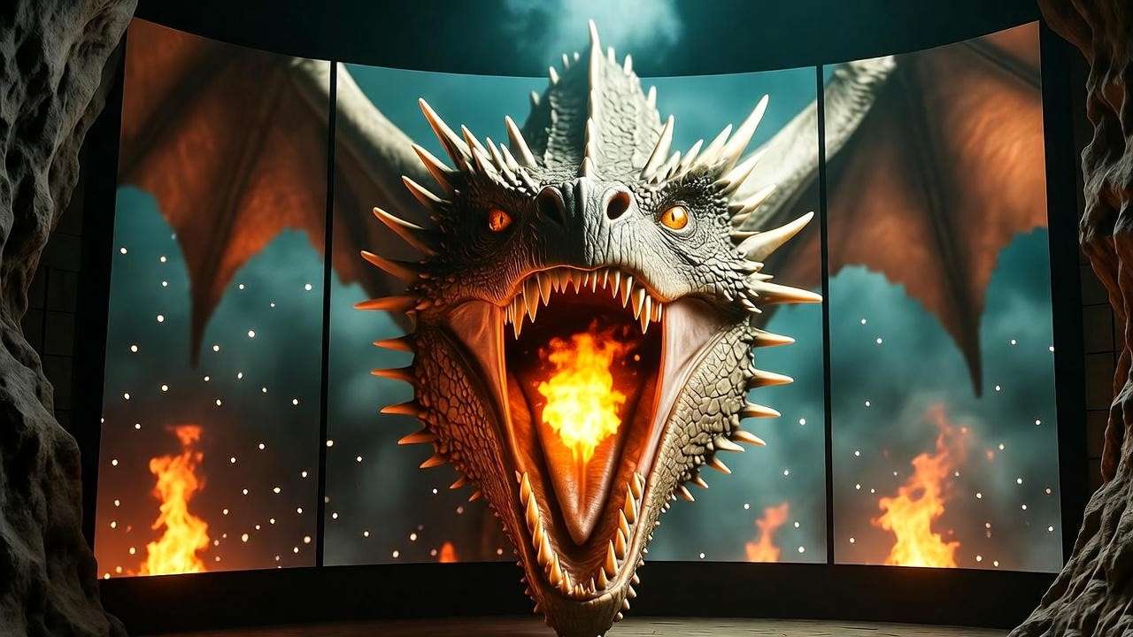 Ukrainian Ironbelly dragon blasting fire on 3D screens during Escape from Gringotts ride 