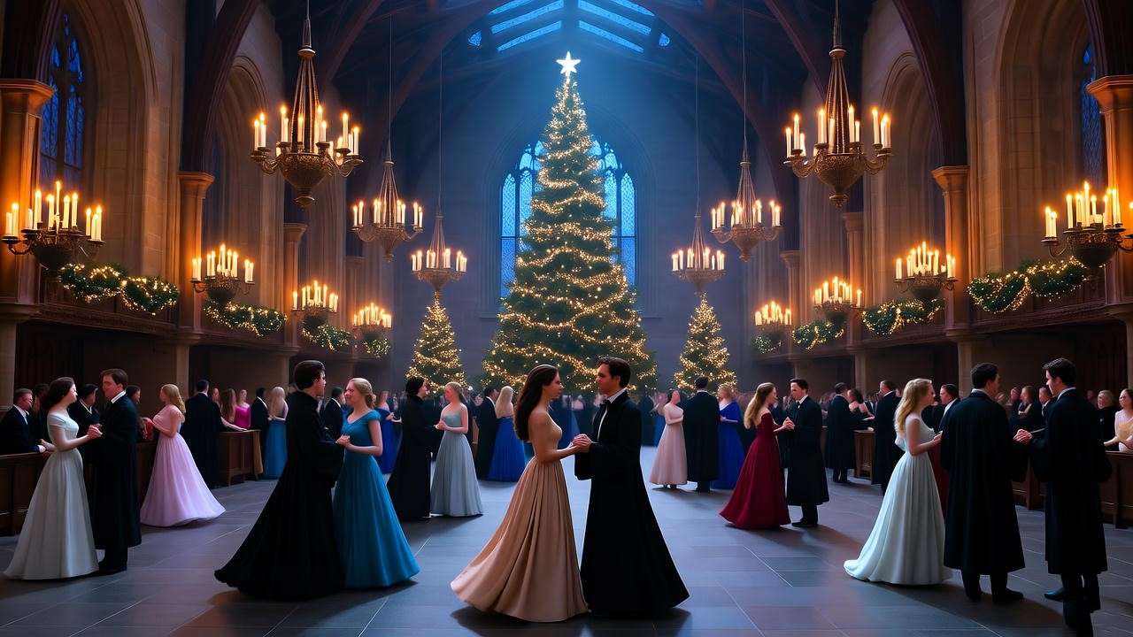 Yule Ball in Hogwarts Great Hall with dancing students and magical decorations.
