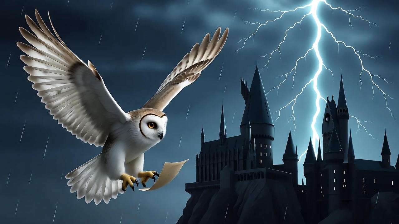 Owl flying through stormy night with Hogwarts castle and lightning