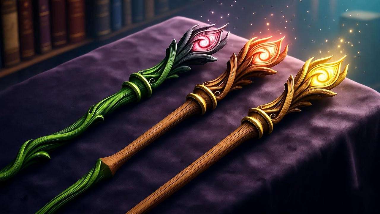 Stylized display of three dragon wands with glowing heartstring cores in a Hogwarts library setting from Harry Potter.